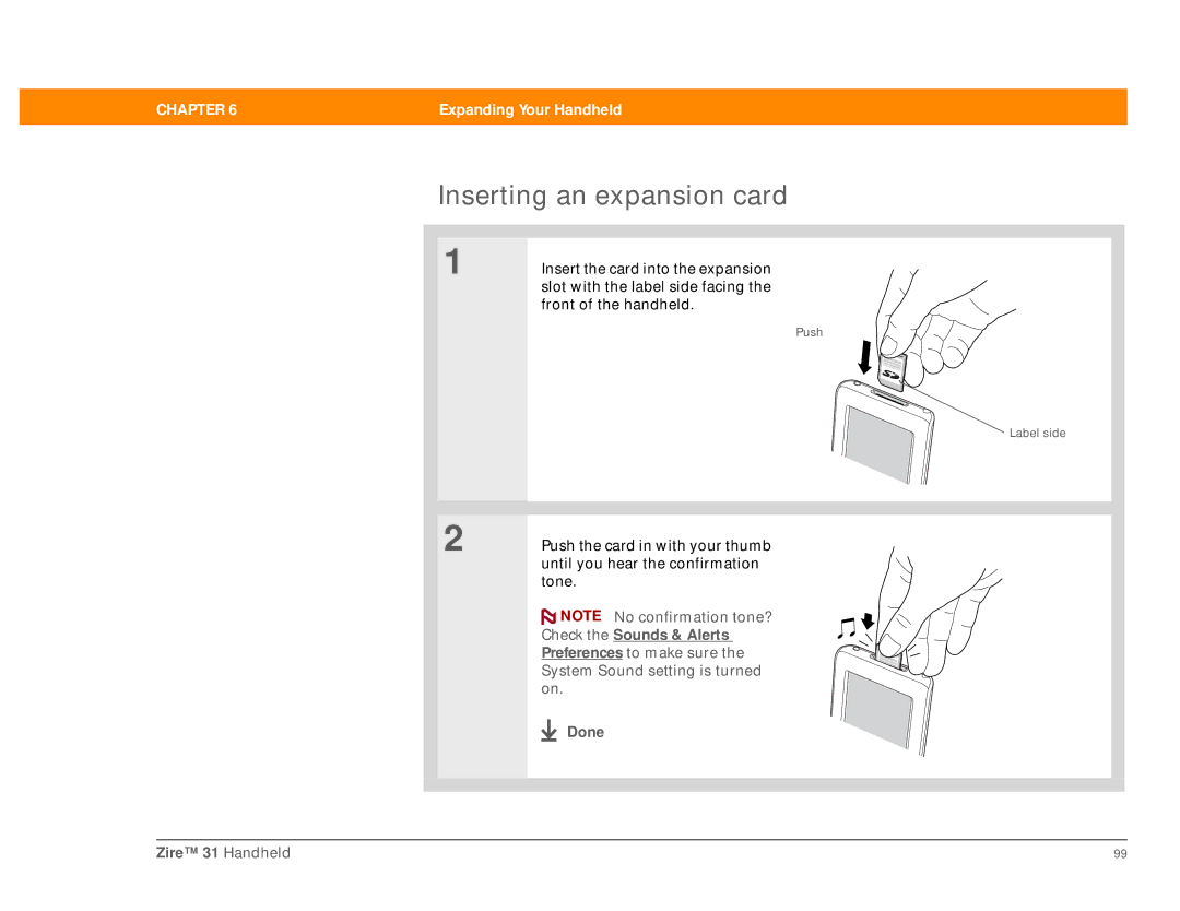 Palm manual Inserting an expansion card, Done Zire 31 Handheld 