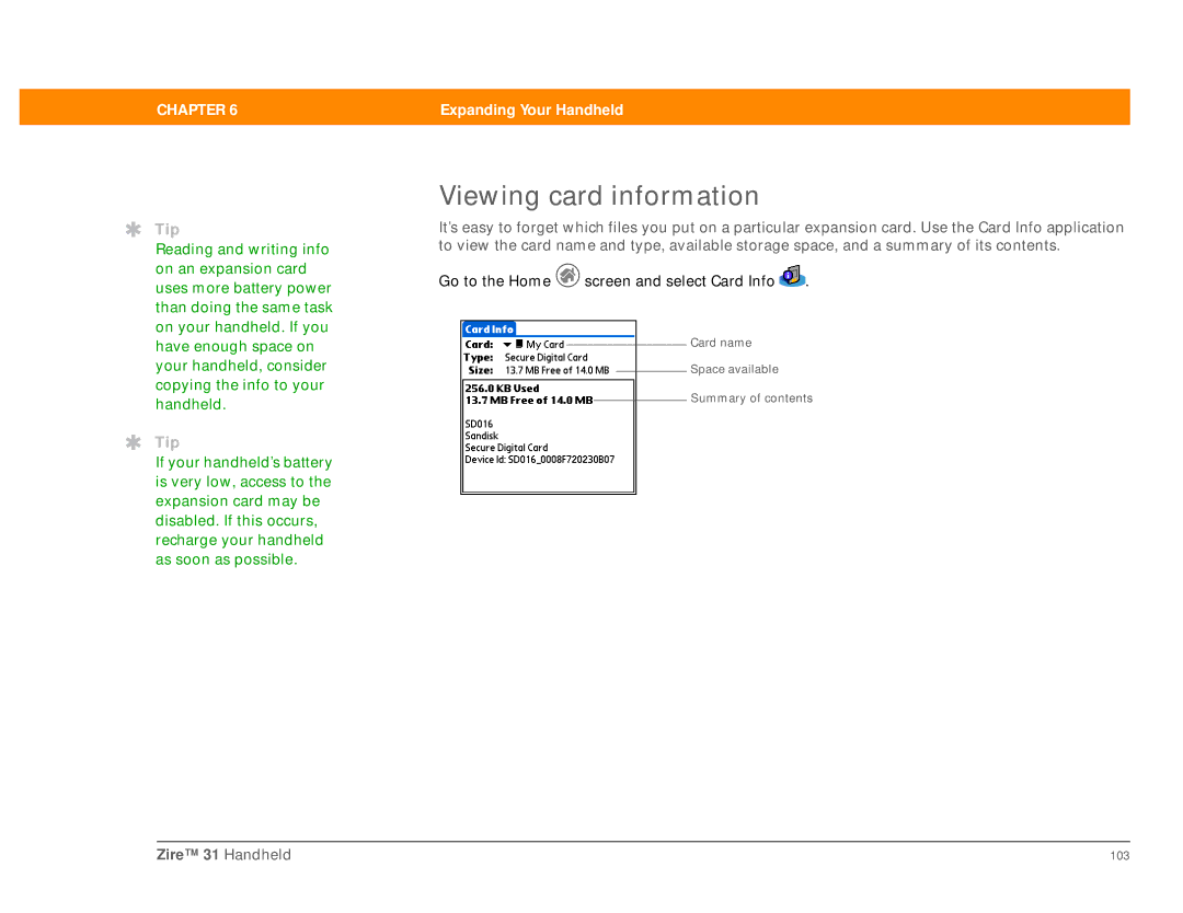 Palm Zire 31 manual Viewing card information 