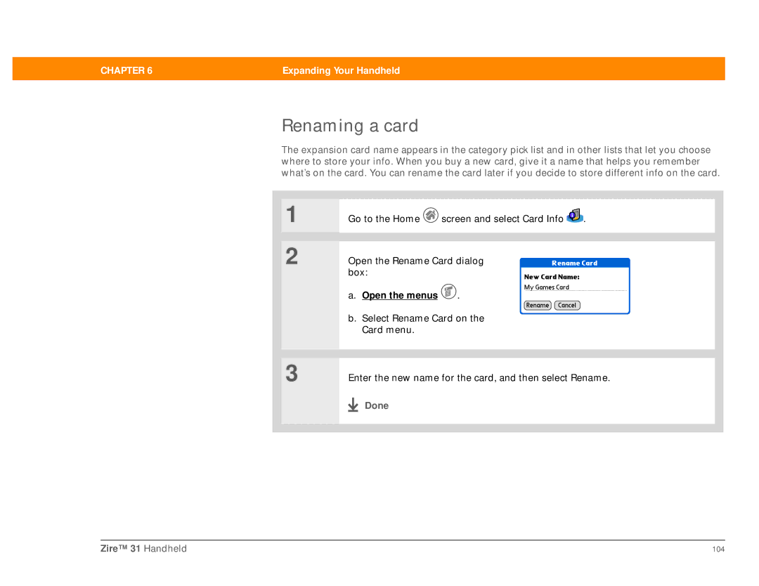 Palm Zire 31 manual Renaming a card 