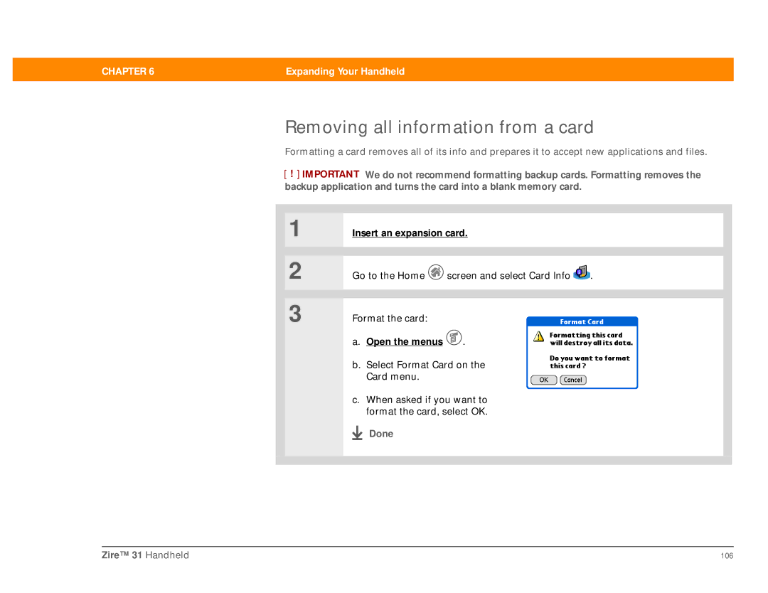 Palm Zire 31 manual Removing all information from a card 