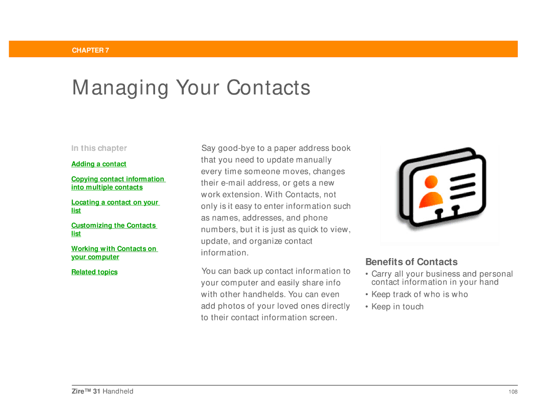 Palm Zire 31 manual Managing Your Contacts, Benefits of Contacts 