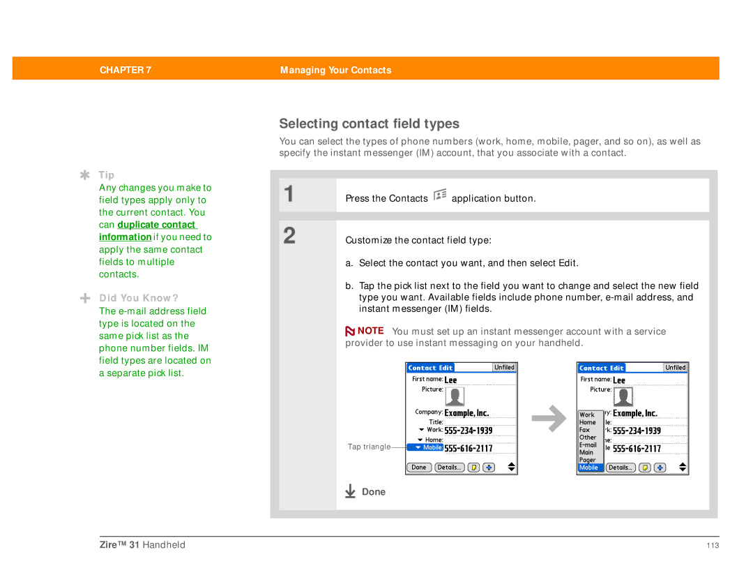 Palm Zire 31 manual Selecting contact field types 