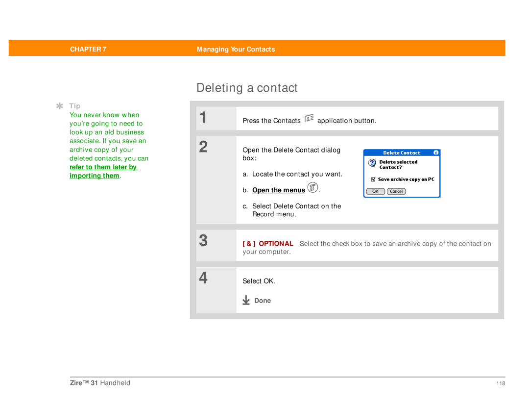 Palm Zire 31 manual Deleting a contact 