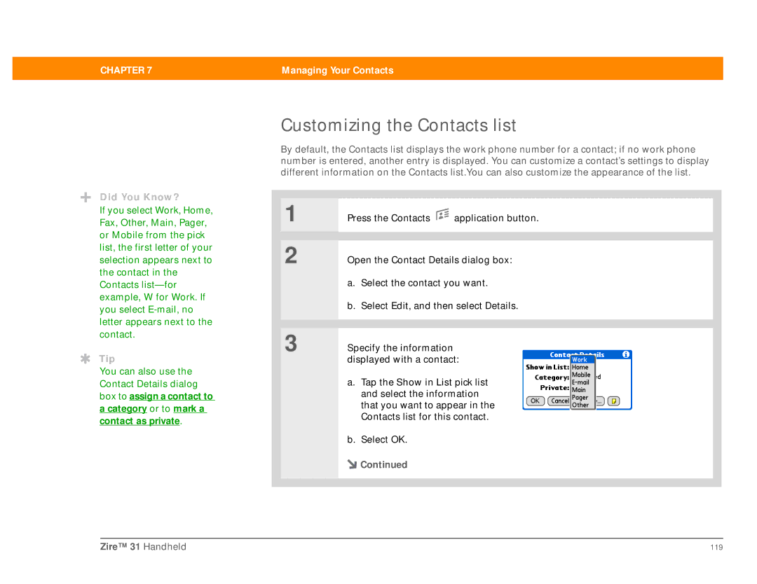 Palm Zire 31 manual Customizing the Contacts list 