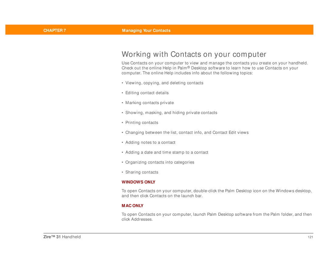 Palm Zire 31 manual Working with Contacts on your computer 