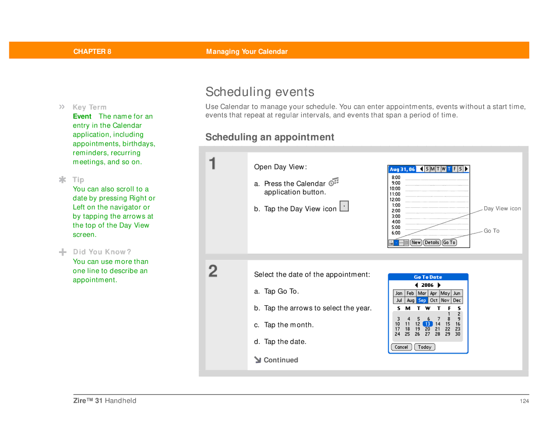 Palm Zire 31 manual Scheduling events, Scheduling an appointment 