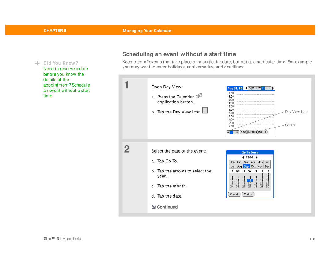 Palm Zire 31 manual Scheduling an event without a start time 