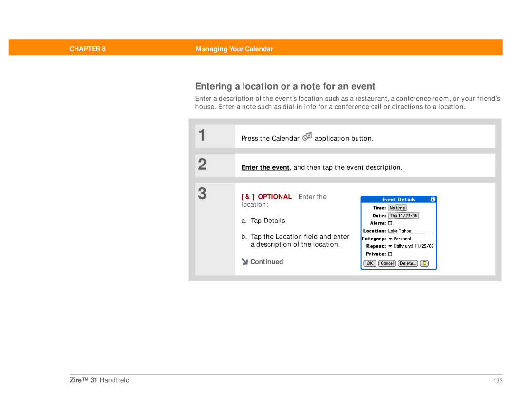 Palm Zire 31 manual Entering a location or a note for an event, Optional Enter the location 