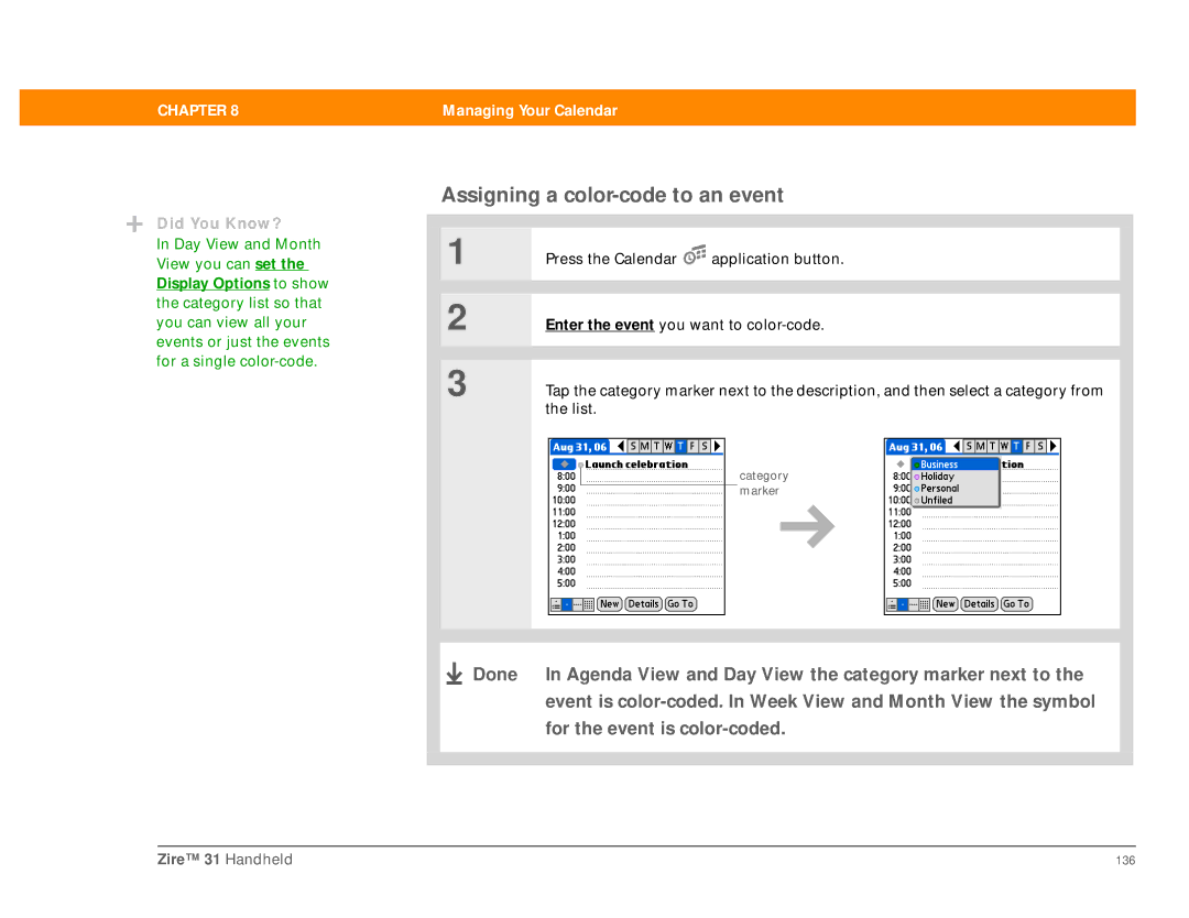 Palm Zire 31 manual Assigning a color-code to an event 