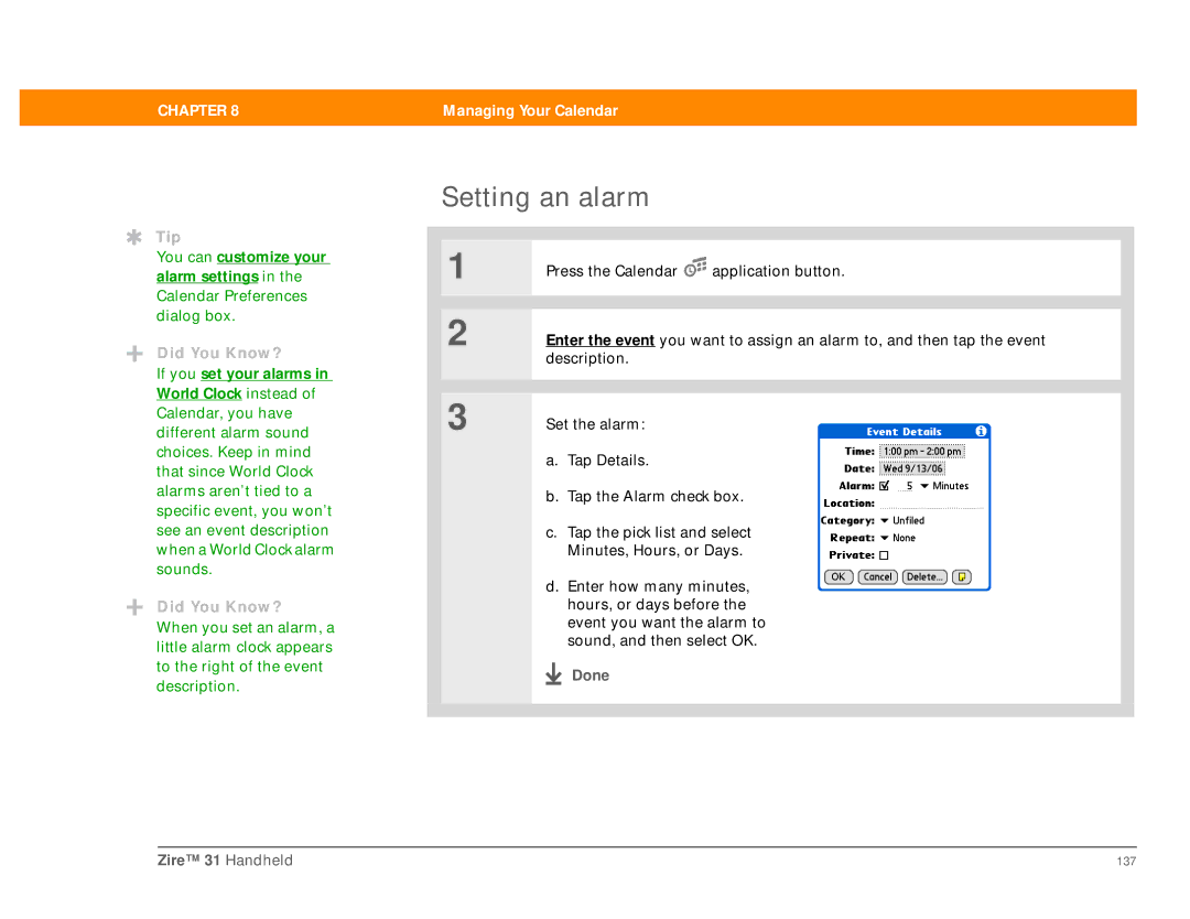 Palm manual Setting an alarm, Done Zire 31 Handheld 