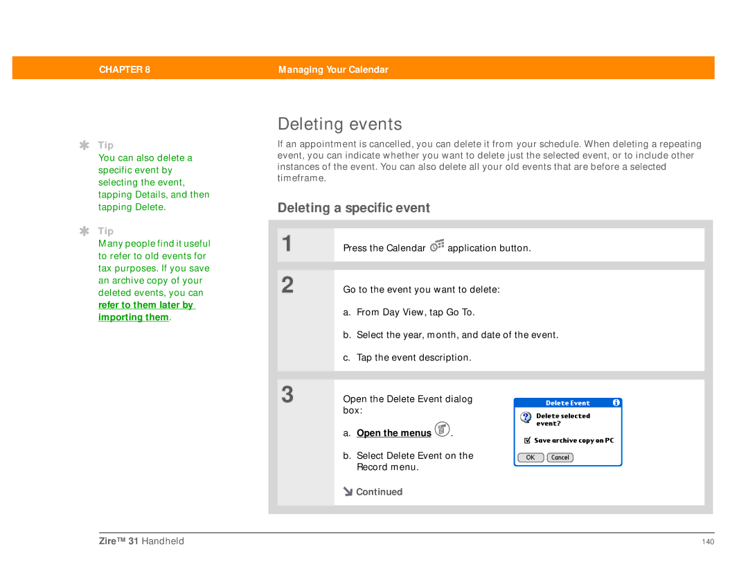 Palm Zire 31 manual Deleting events, Deleting a specific event 