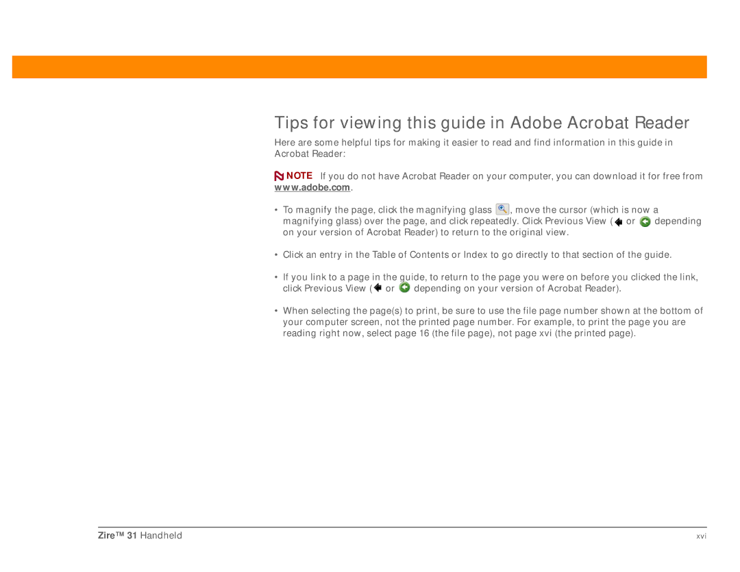 Palm Zire 31 manual Tips for viewing this guide in Adobe Acrobat Reader 