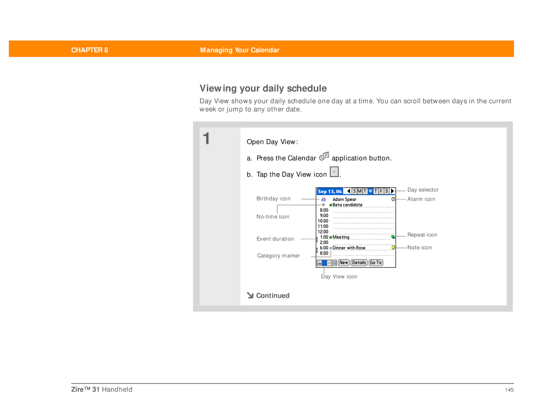 Palm Zire 31 manual Viewing your daily schedule 