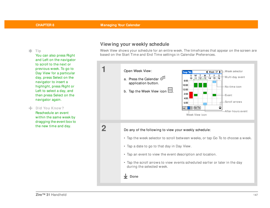 Palm Zire 31 manual Viewing your weekly schedule 