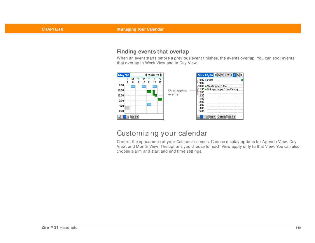 Palm Zire 31 manual Customizing your calendar, Finding events that overlap 