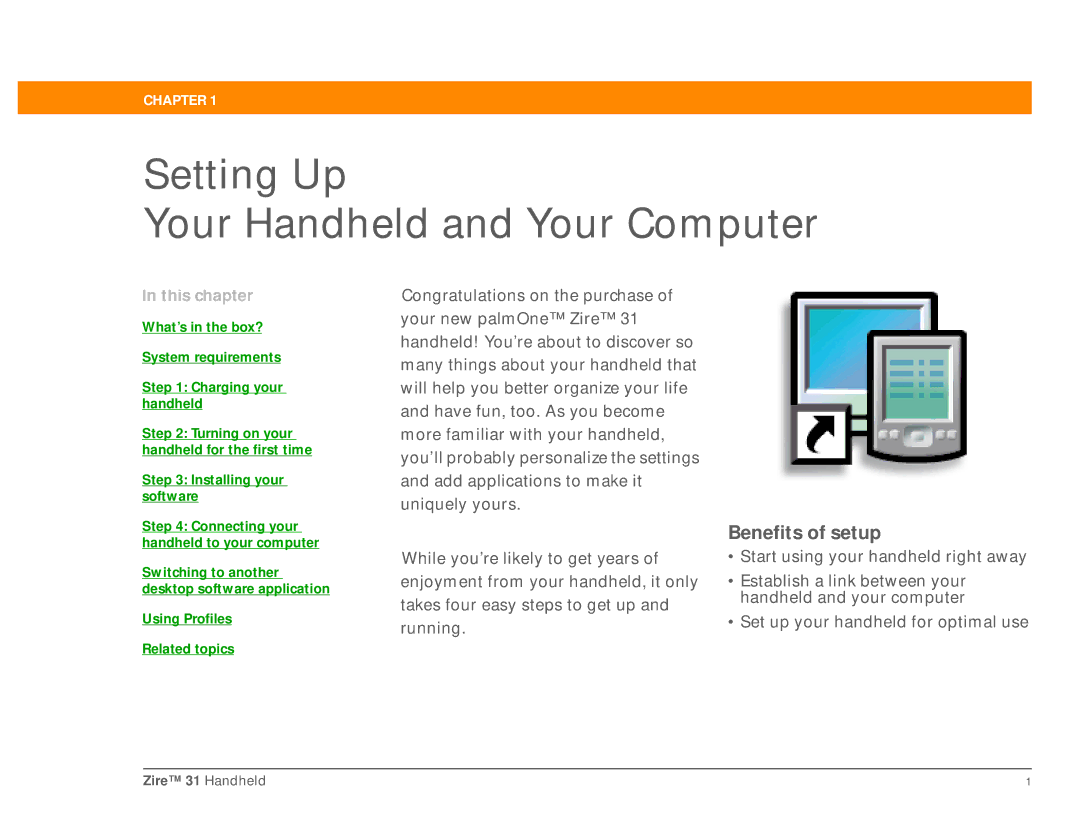 Palm Zire 31 manual Setting Up Your Handheld and Your Computer, Benefits of setup 