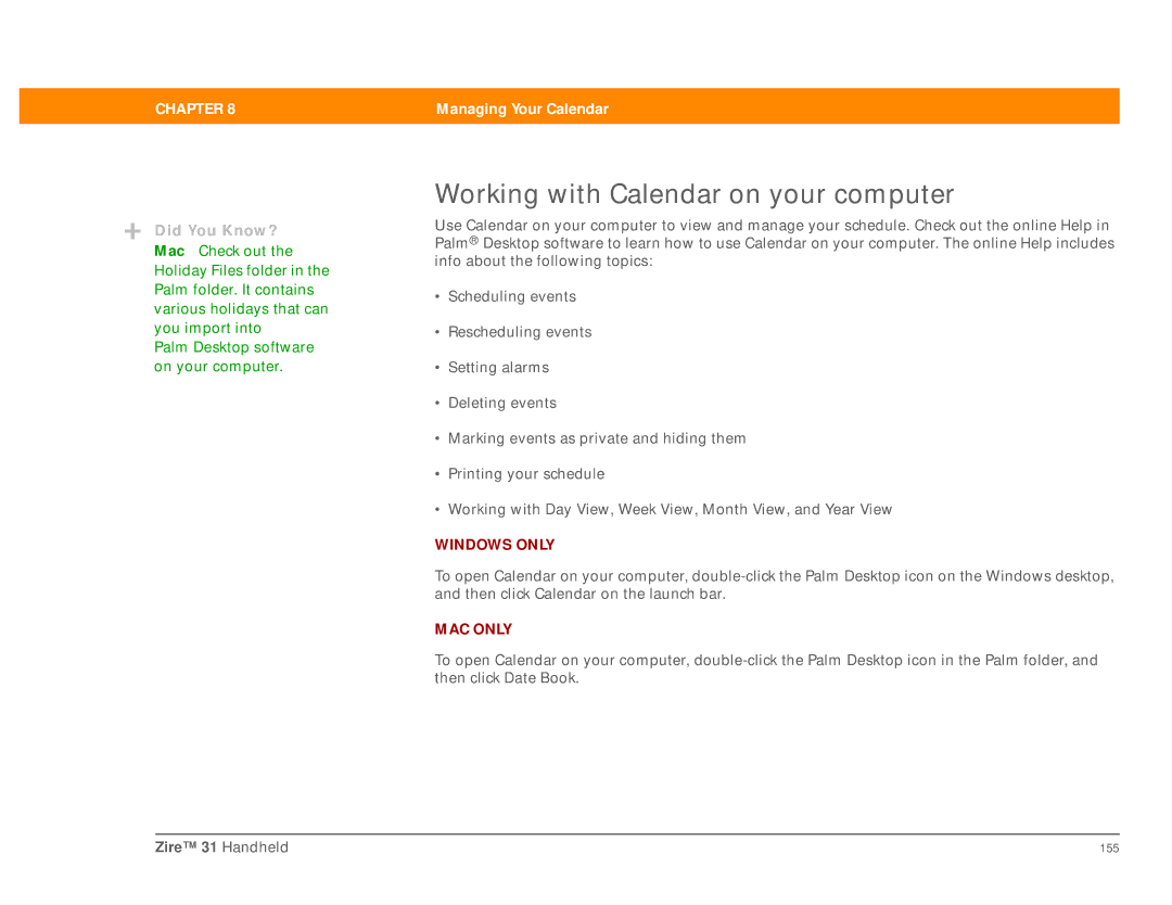 Palm Zire 31 manual Working with Calendar on your computer 