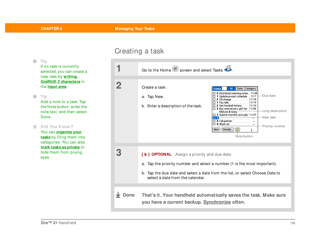 Palm Zire 31 manual Creating a task, Optional Assign a priority and due date, Select a date from the calendar 