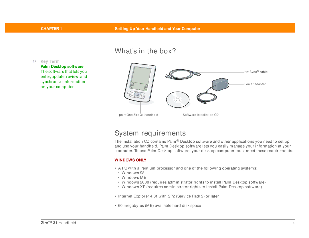 Palm Zire 31 manual What’s in the box?, System requirements 