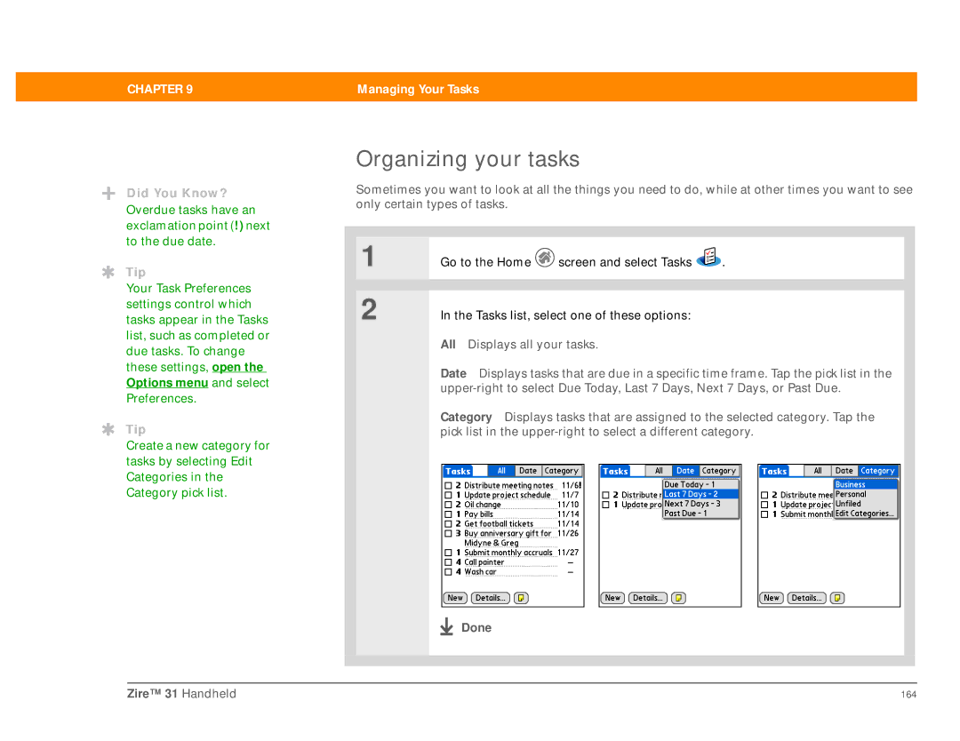 Palm Zire 31 manual Organizing your tasks 