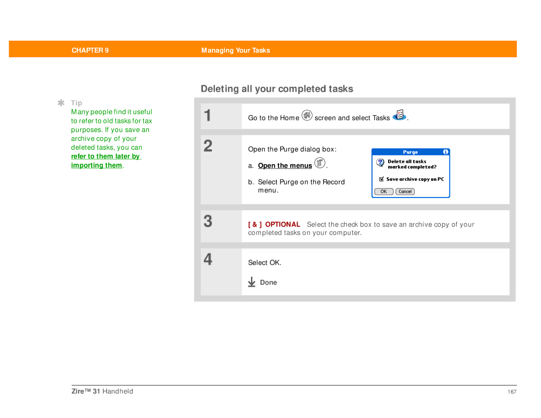 Palm Zire 31 manual Deleting all your completed tasks, Done 