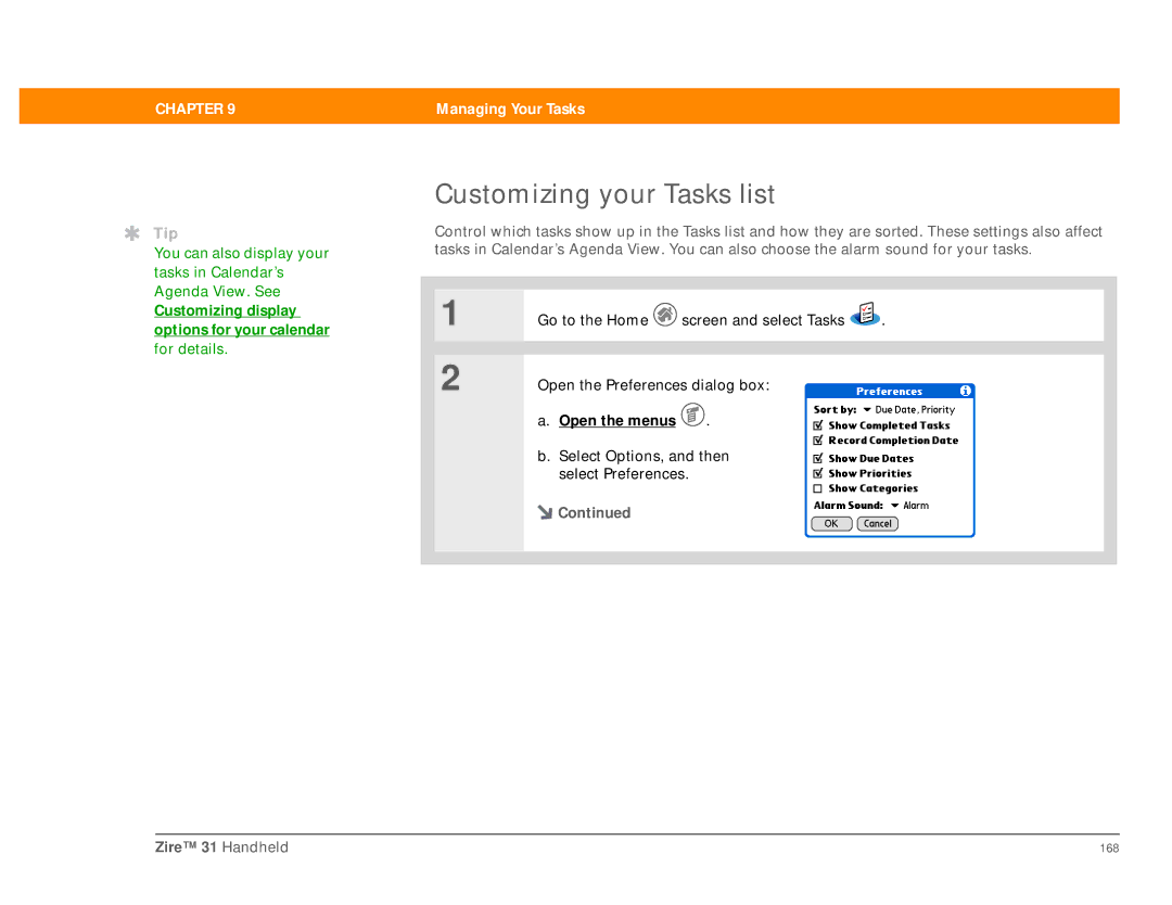 Palm Zire 31 manual Customizing your Tasks list 