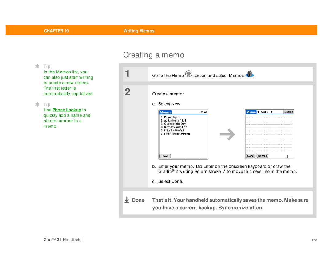 Palm Zire 31 manual Creating a memo 