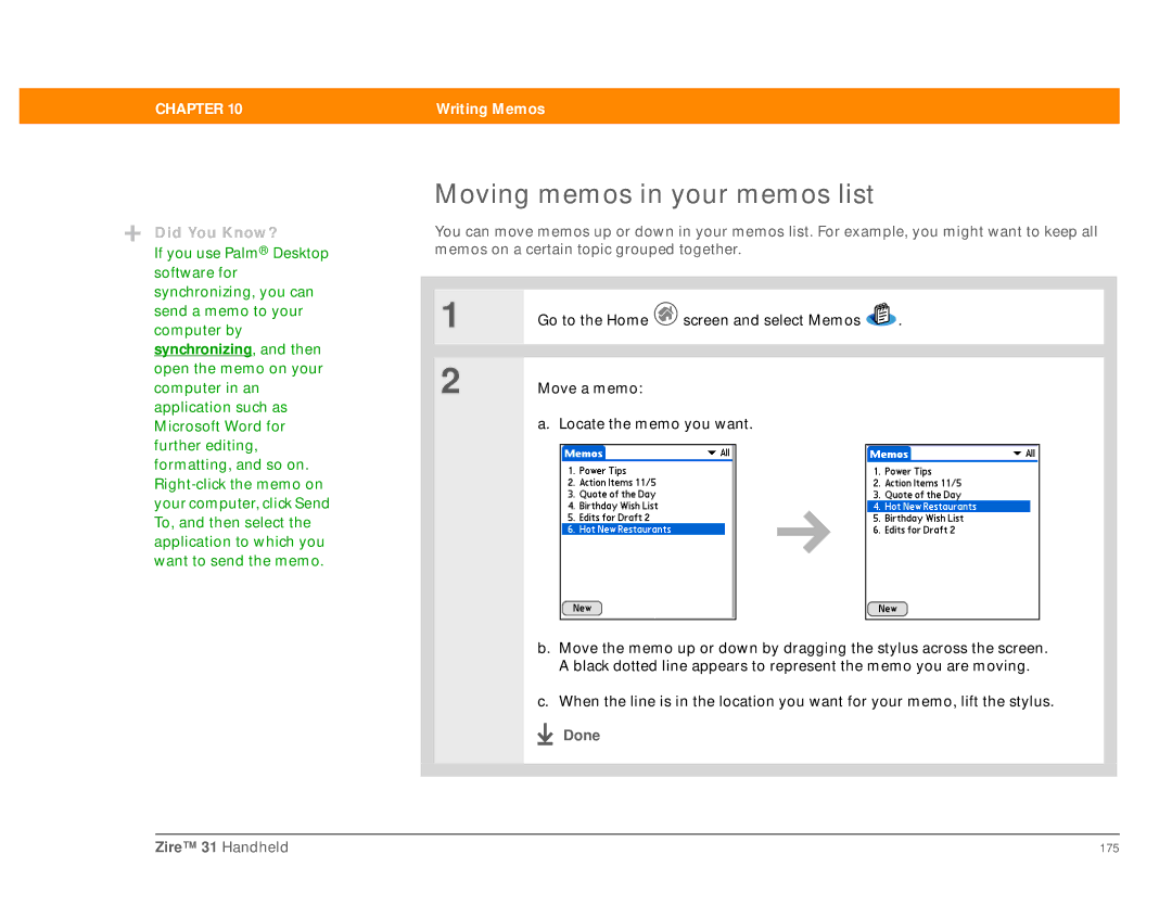 Palm Zire 31 manual Moving memos in your memos list 