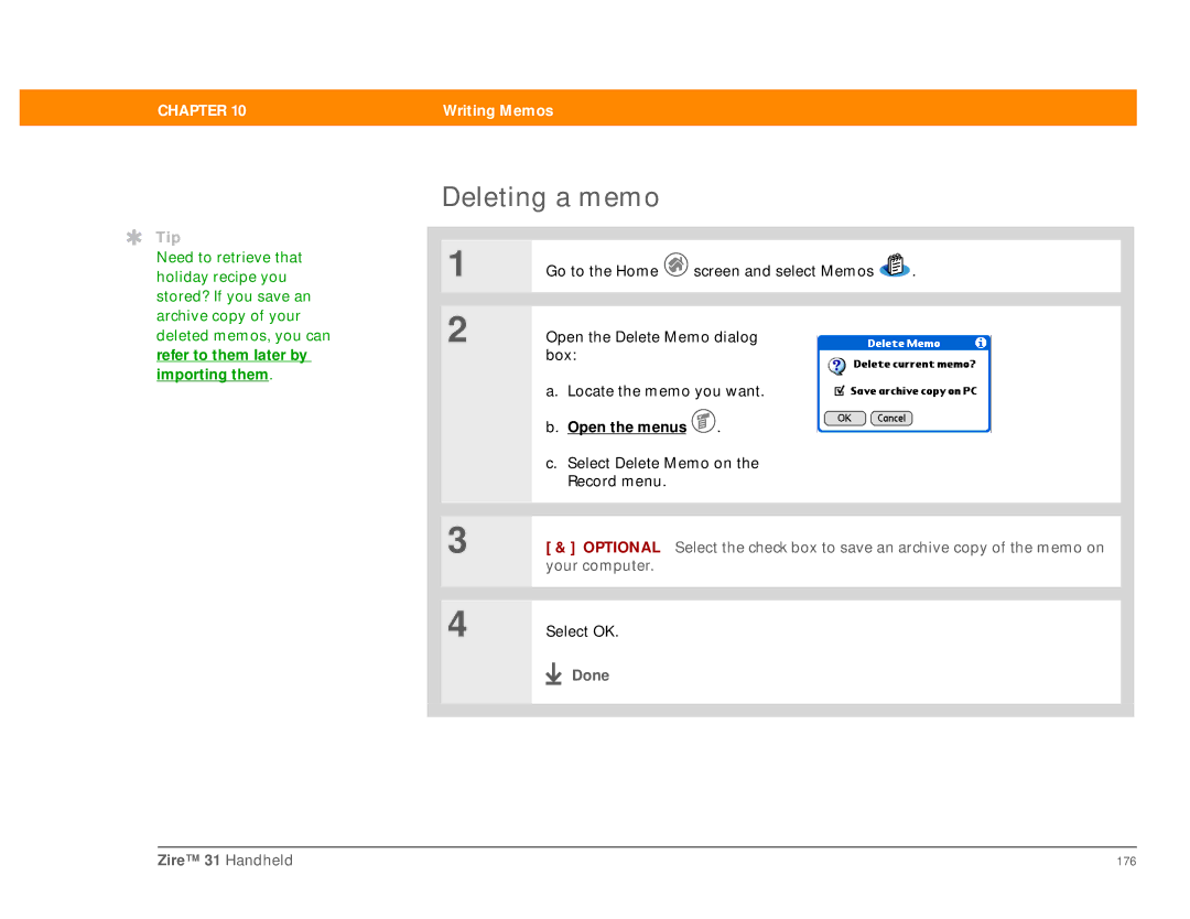 Palm Zire 31 manual Deleting a memo, Done 