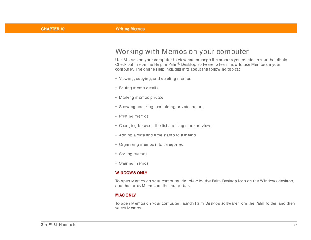 Palm Zire 31 manual Working with Memos on your computer 