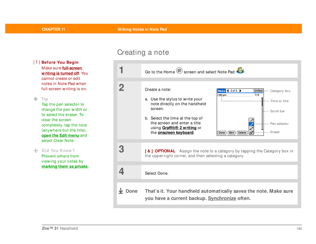 Palm Zire 31 manual Creating a note, Open the Edit menu 