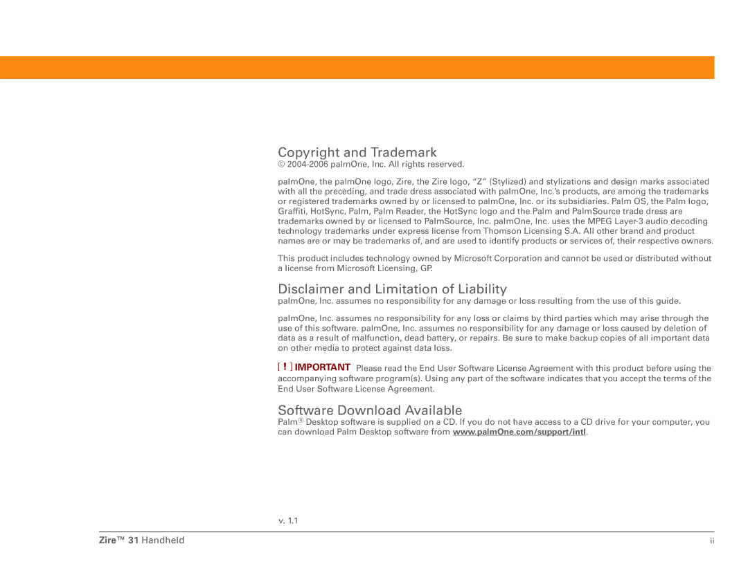 Palm manual Copyright and Trademark, Zire 31 Handheld 