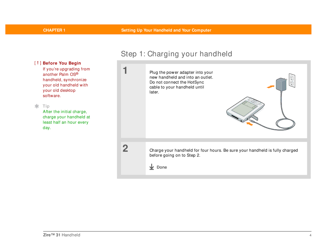 Palm manual Charging your handheld, Done Zire 31 Handheld 