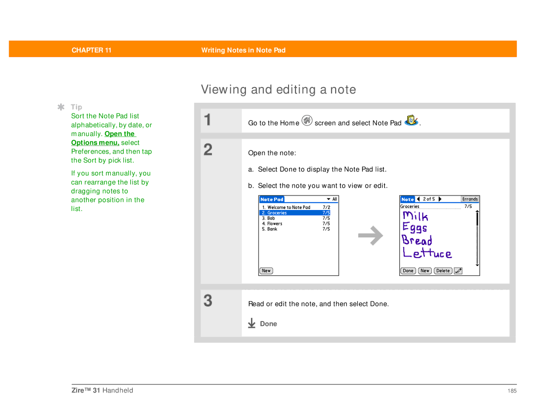 Palm Zire 31 manual Viewing and editing a note, Done 