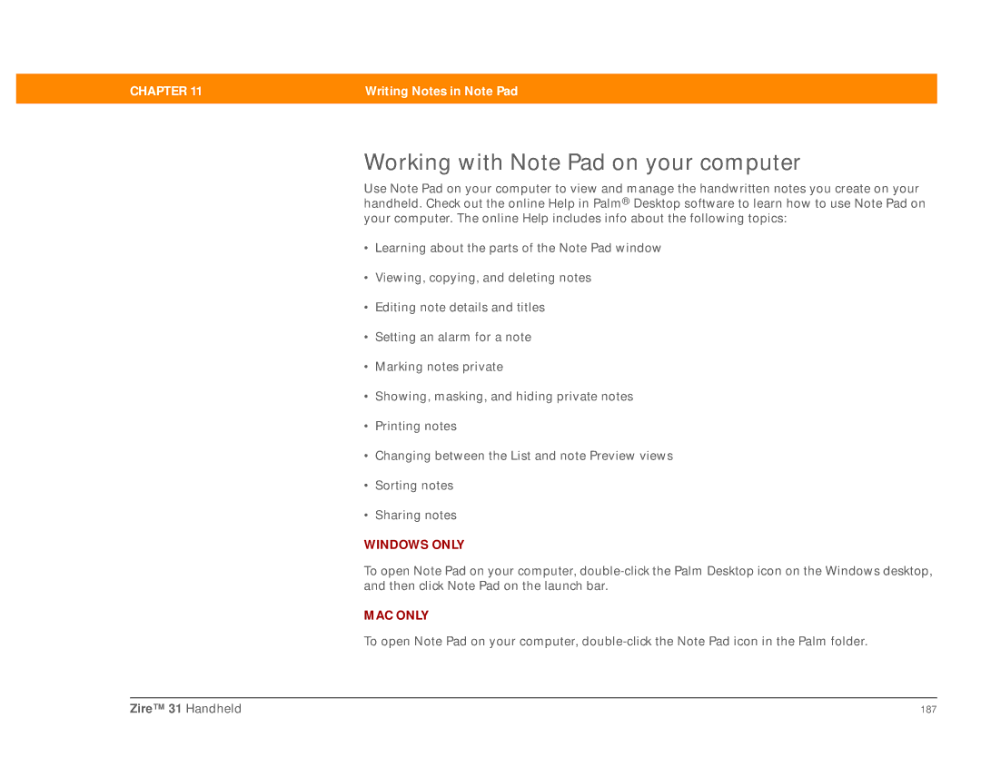 Palm Zire 31 manual Working with Note Pad on your computer 