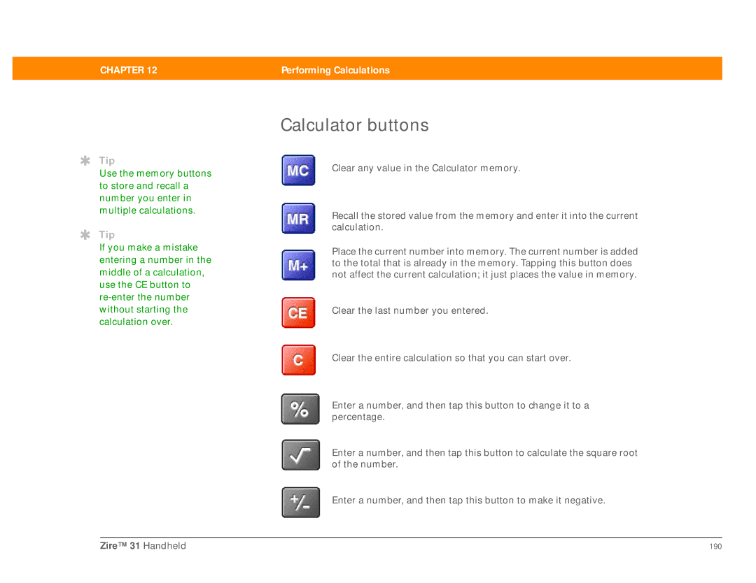 Palm Zire 31 manual Calculator buttons 