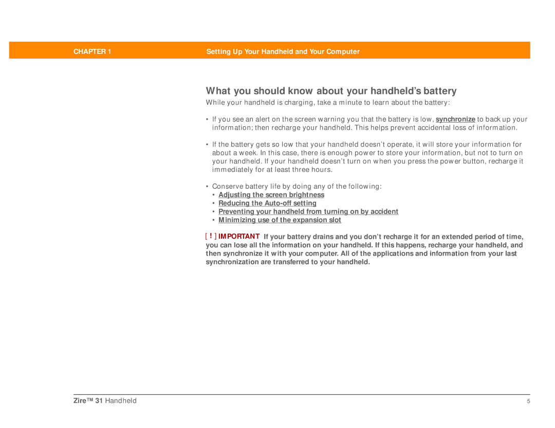 Palm Zire 31 manual What you should know about your handheld’s battery 