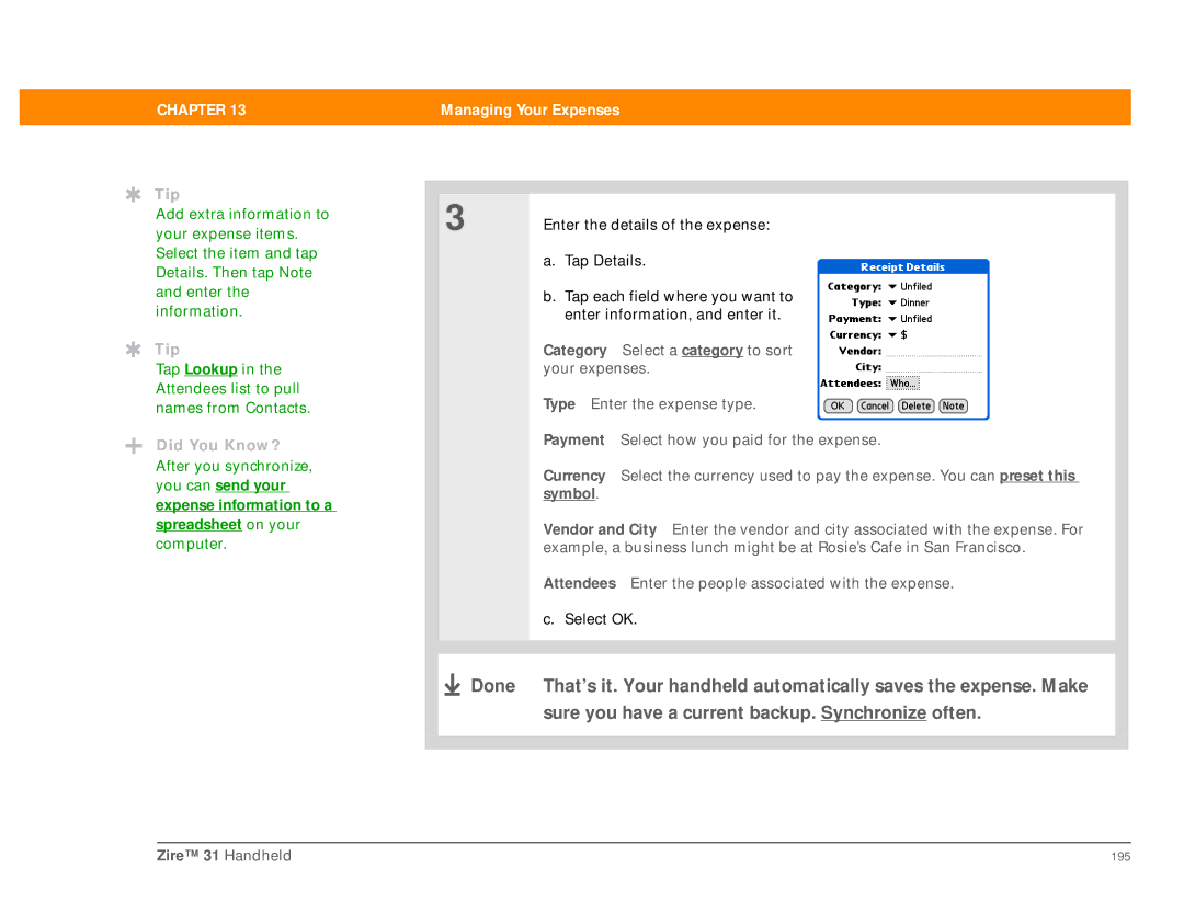 Palm Zire 31 manual Symbol, Expense information to a Spreadsheet on your 