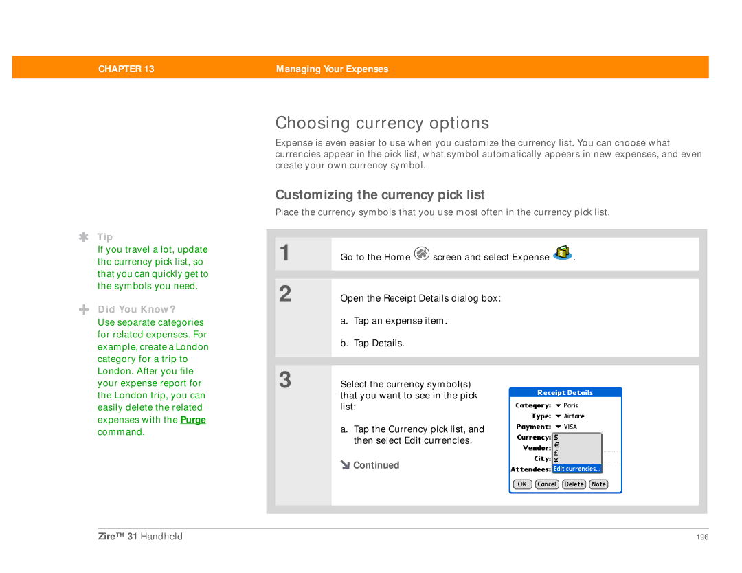 Palm Zire 31 manual Choosing currency options, Customizing the currency pick list 