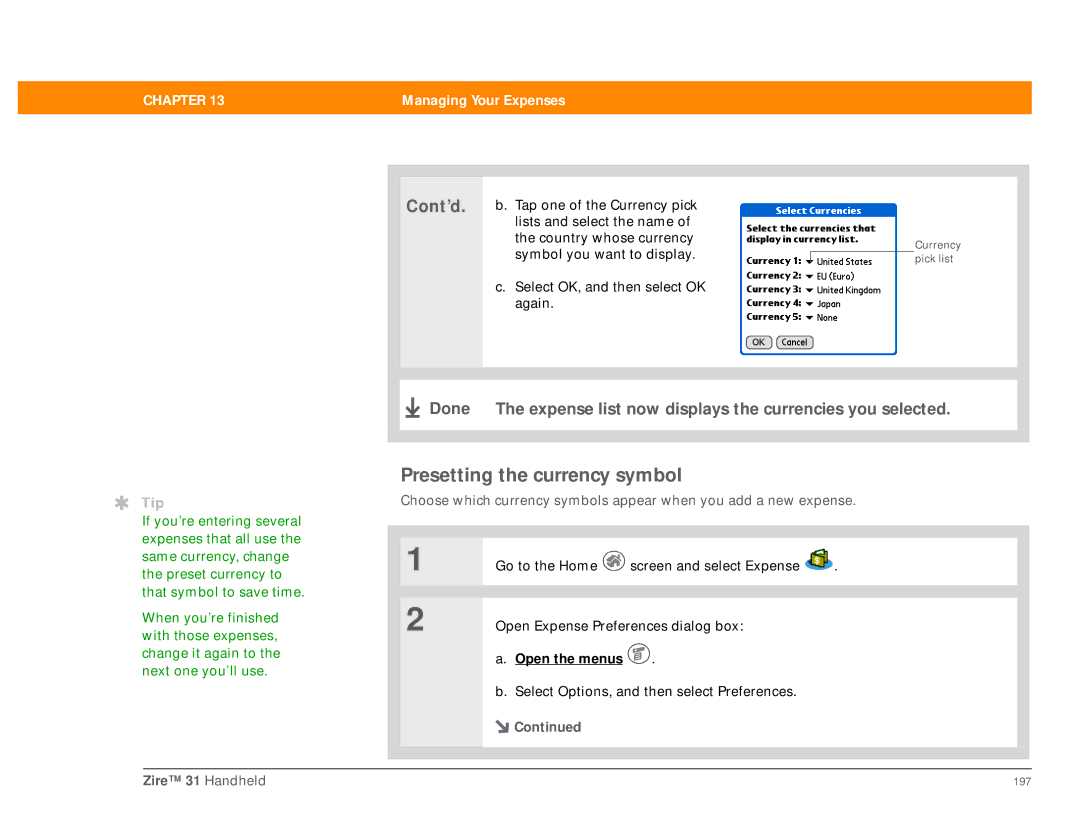 Palm Zire 31 manual Presetting the currency symbol 