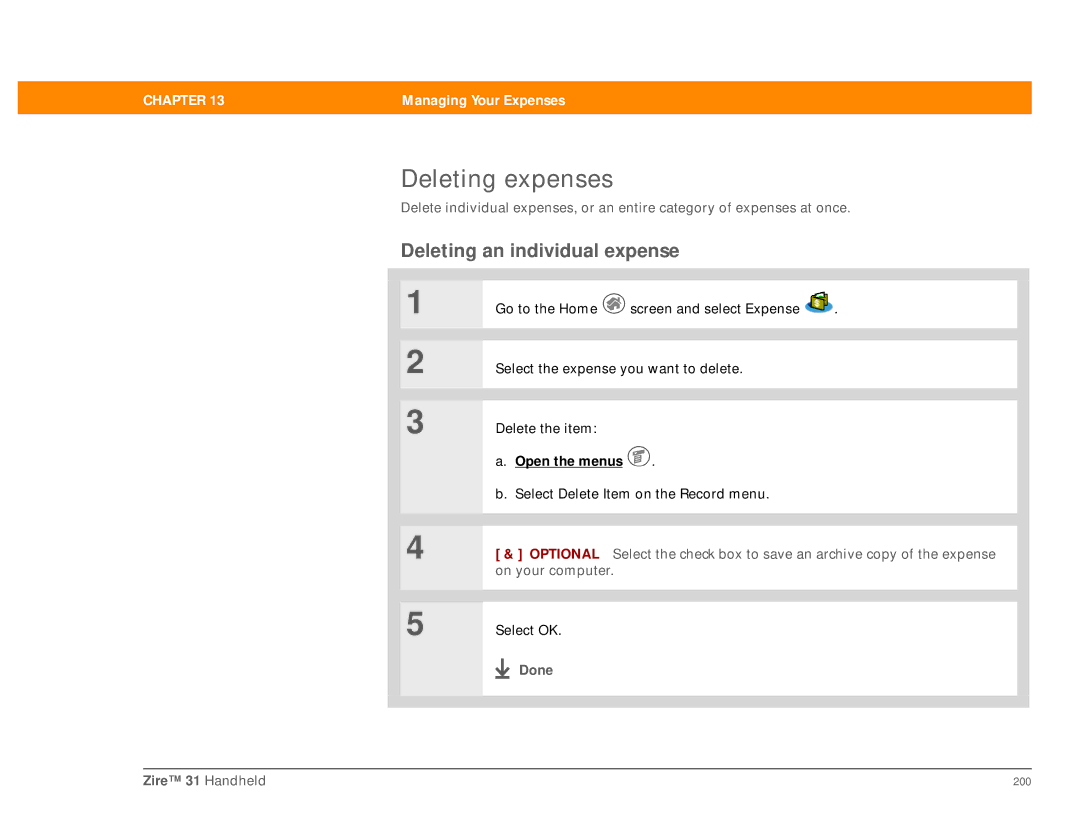 Palm Zire 31 manual Deleting expenses, Deleting an individual expense 
