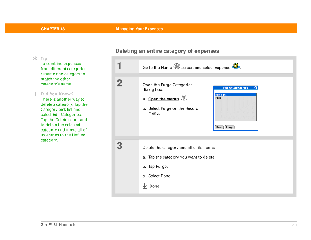 Palm Zire 31 manual Deleting an entire category of expenses 