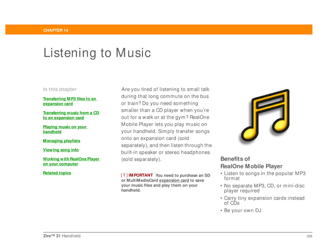 Palm Zire 31 manual Listening to Music, Benefits RealOne Mobile Player 