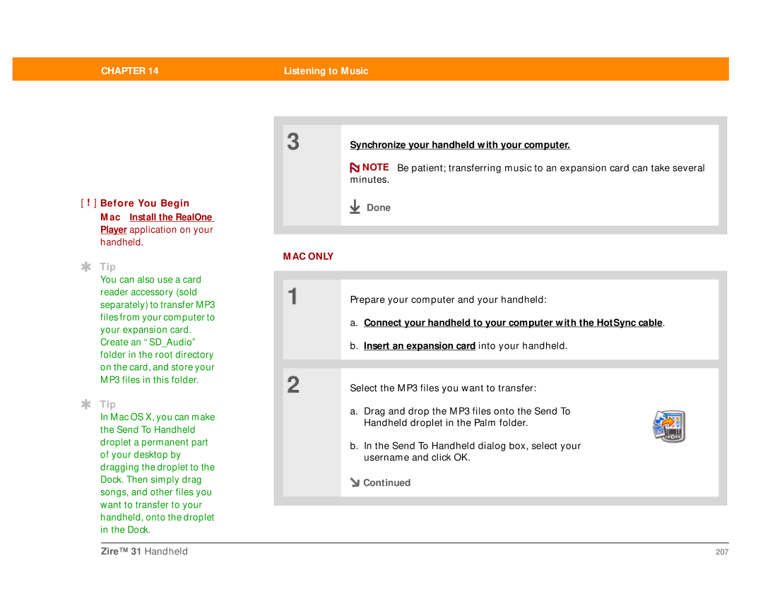 Palm Zire 31 manual Mac Install the RealOne Player application on your handheld 