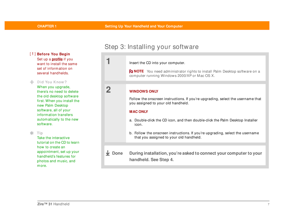 Palm Zire 31 manual Installing your software 