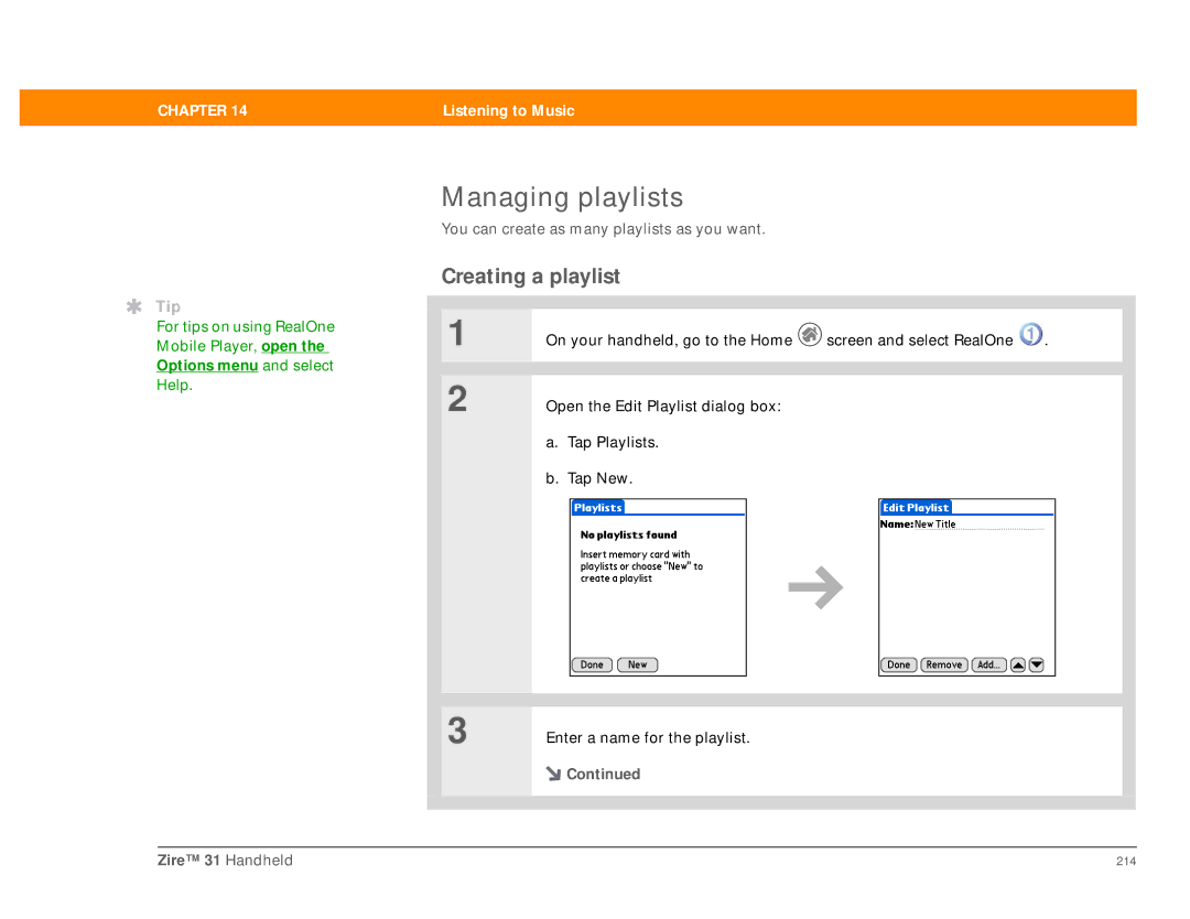 Palm Zire 31 manual Managing playlists, Creating a playlist 