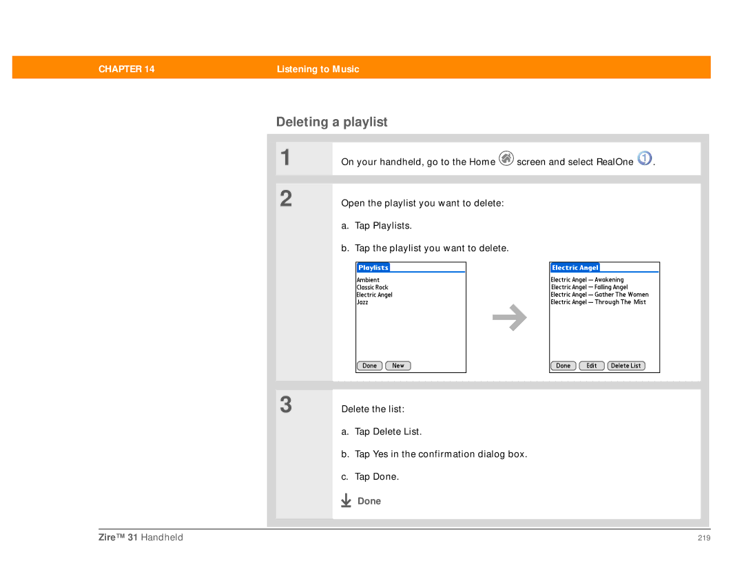 Palm Zire 31 manual Deleting a playlist 