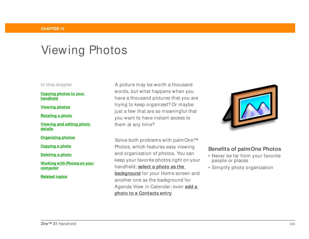 Palm Zire 31 manual Viewing Photos, Benefits of palmOne Photos 