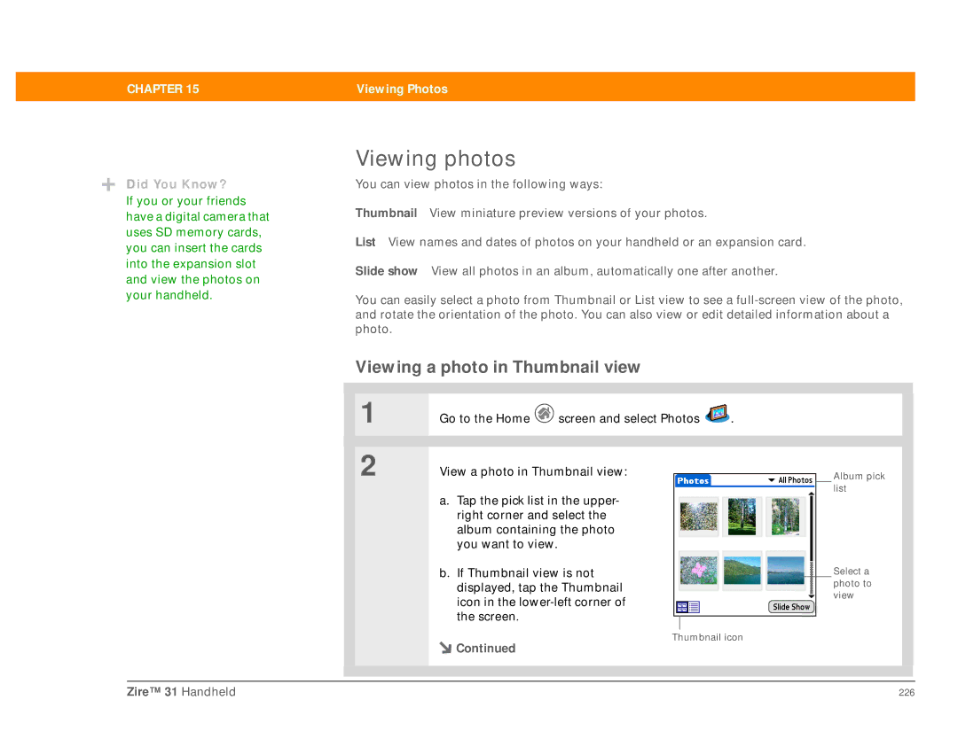 Palm Zire 31 manual Viewing photos, Viewing a photo in Thumbnail view 