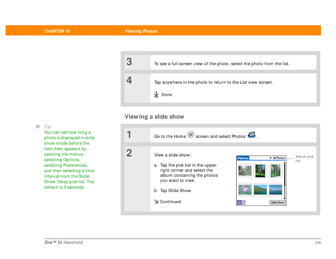 Palm Zire 31 manual Viewing a slide show 